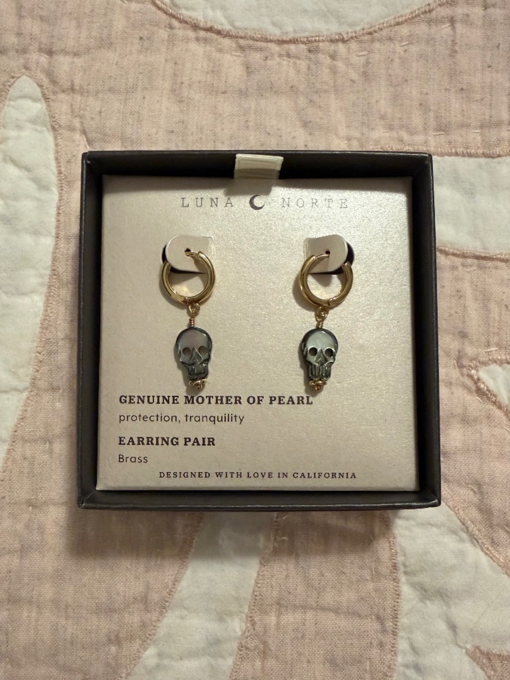 NWT - Luna Norte Mother of Pearl Skull Huggie Hoop Earrings